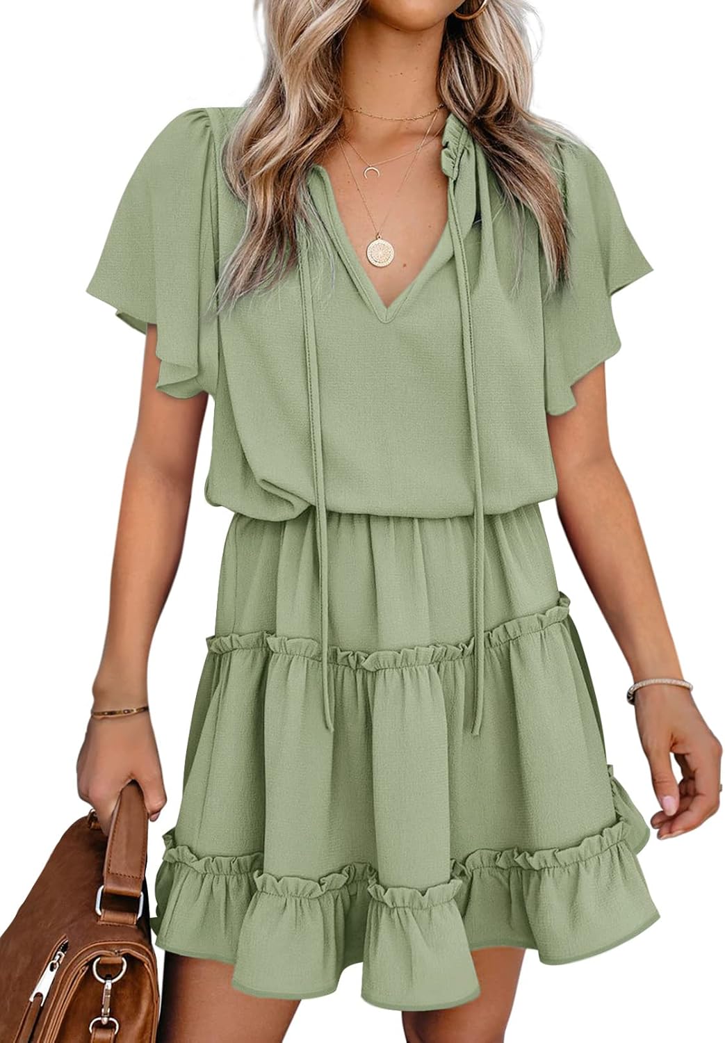 Womens V Neck Chiffon Mini Dress Short Sleeve Ruffle Summer Flowy Skirt