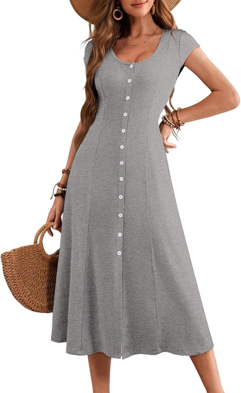Womens Short Sleeve Midi Dress Split A Line Ribbed Knit Button Front Casual