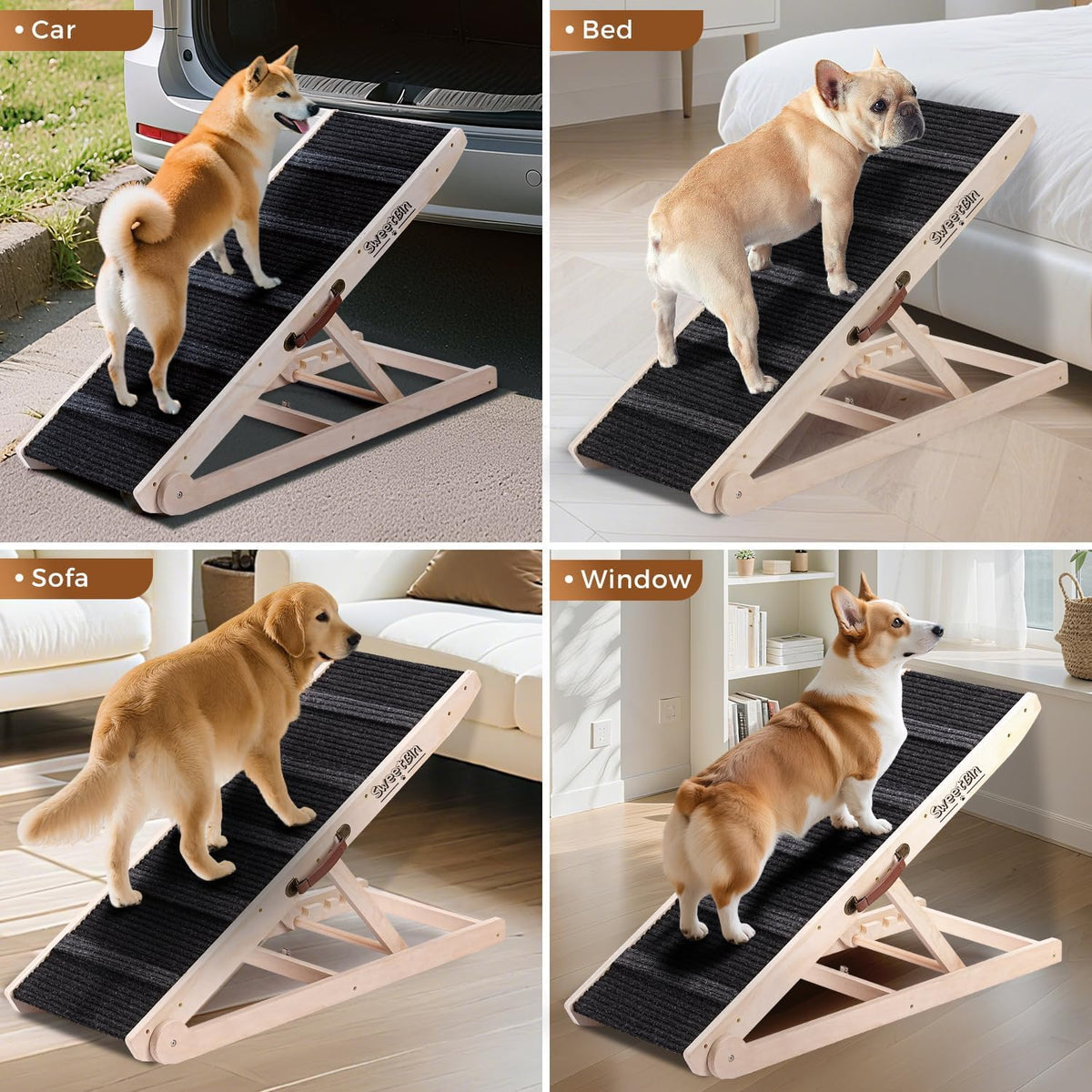 Folding Wooden Pet Ramp Black Carpet Carry Handle Open Box