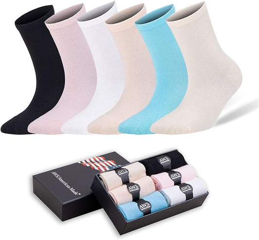 6 Pairs Women's Bamboo Crew Socks Size 6-9 Seamless Moisture Wicking Gift Box