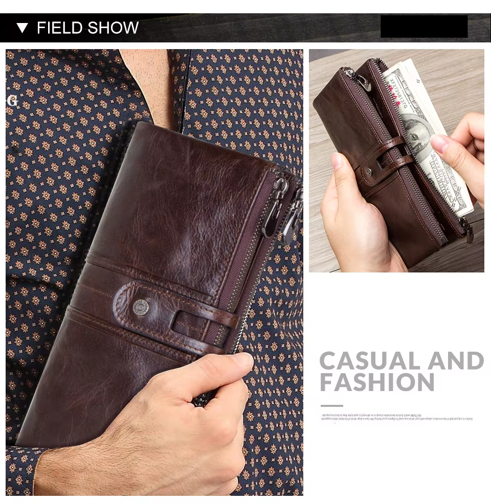 Men’s Genuine Leather Clutch Wallet Long Zipper Coin Purse & Card Holder