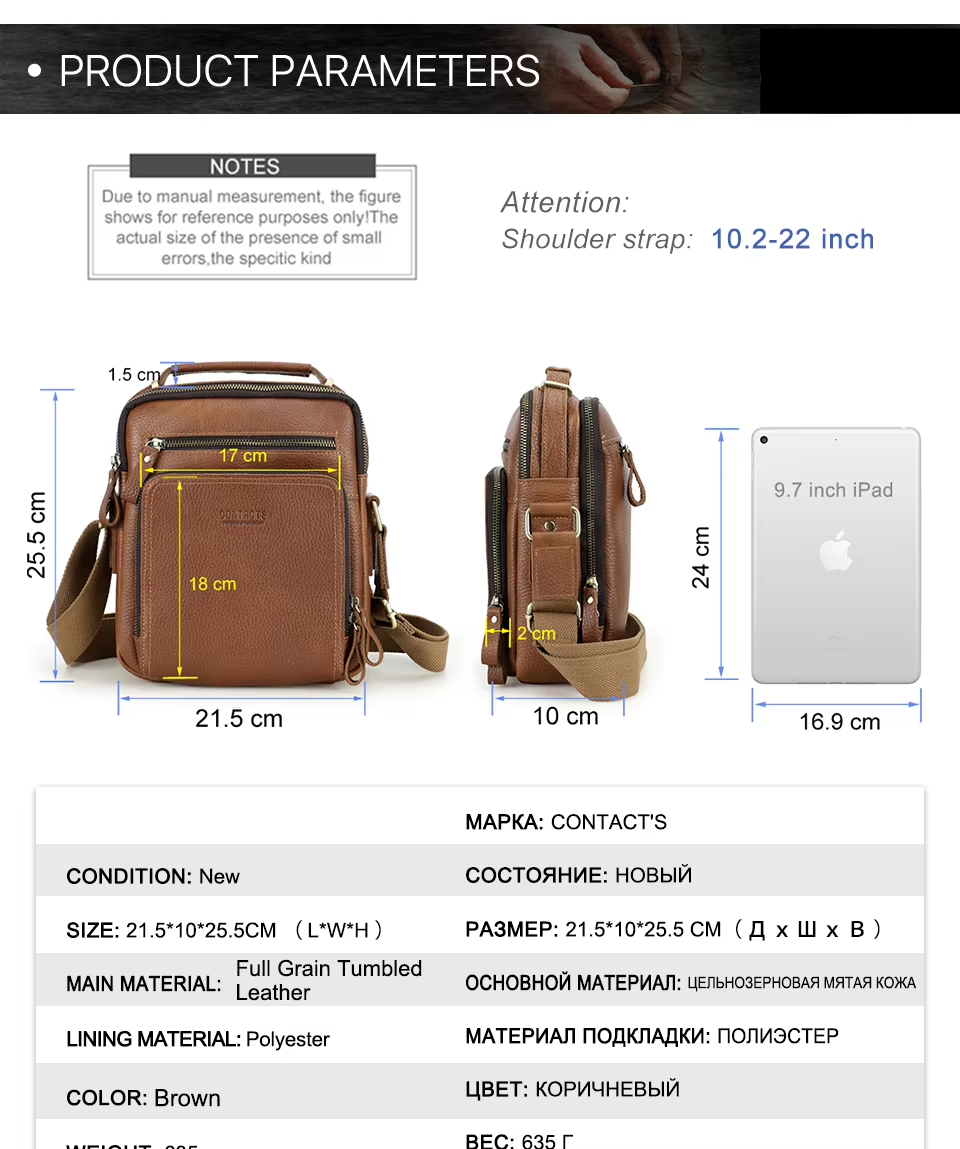 Men's Genuine Leather Messenger Bag - Casual Shoulder Crossbody Bag for iPad