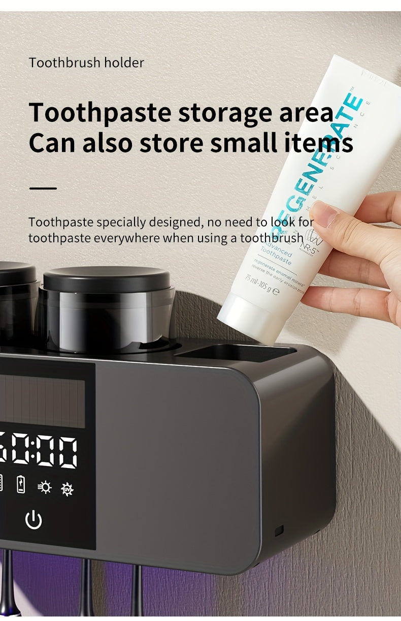 Smart Toothbrush Holder UV Sterilizer Wall Mount USB Charging 4 Brush Slots 2 Cups
