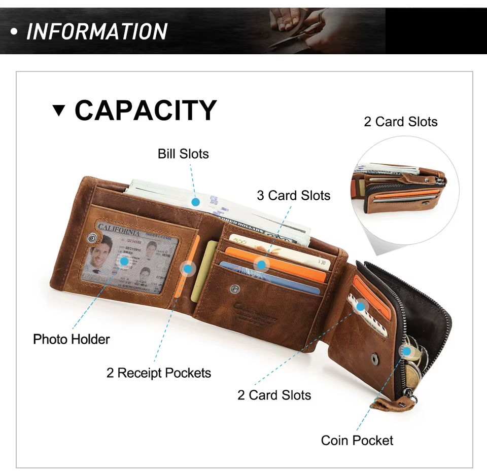 Men’s Genuine Leather Trifold Wallet with Zipper Coin Pocket & Card Holder