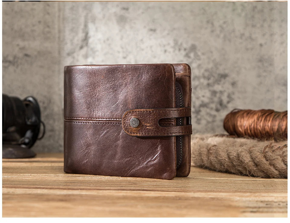 Genuine Leather Men Wallet RFID Blocking Short Coin Purse with Card Slots