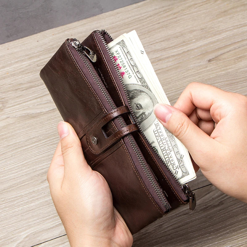 Men’s Genuine Leather Clutch Wallet Long Zipper Coin Purse & Card Holder