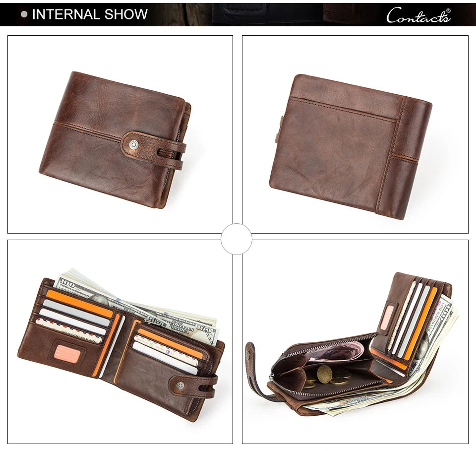 Genuine Leather Men Wallet RFID Blocking Short Coin Purse with Card Slots