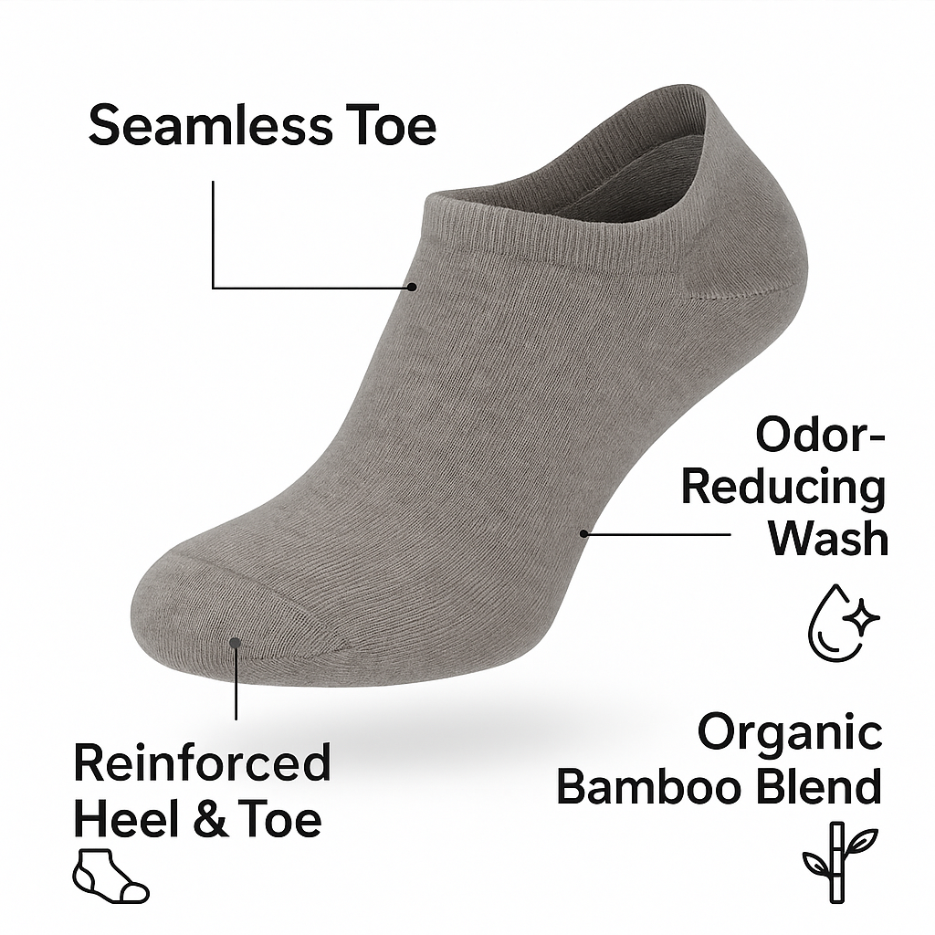 Mens Bamboo No Show Socks 4 Pairs Odor Control Seamless Toe Organic Soft