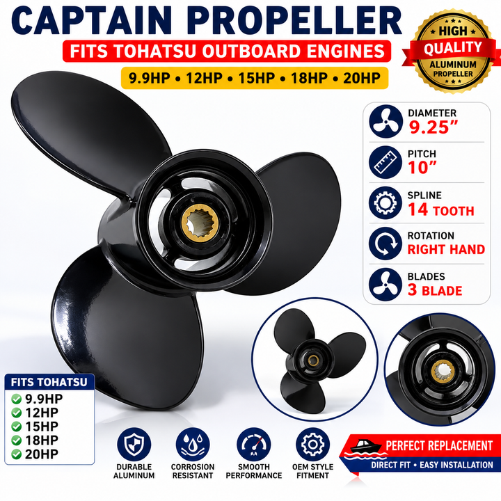 CAPTAIN Propeller 9.25x10 Fit Tohatsu 9.9HP 12HP 15HP 18HP 20HP 14 Spline