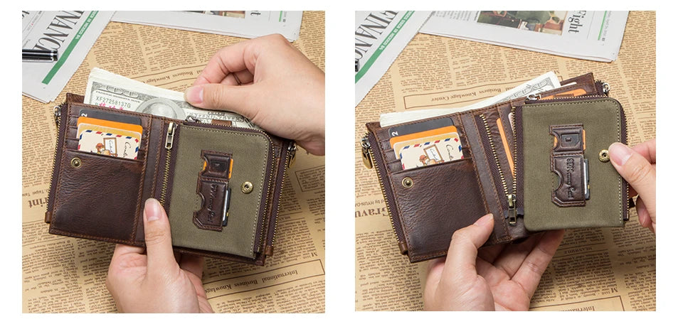 Men's Genuine Leather Wallet - RFID Blocking, Zipper Coin Purse, Large Capacity