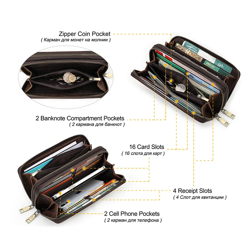 Genuine Leather Men's Long Wallet Clutch with Double Zipper & Card Slots