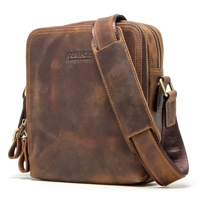 Men's Genuine Leather Messenger Bag Vintage Crossbody Shoulder Bag for iPad Mini