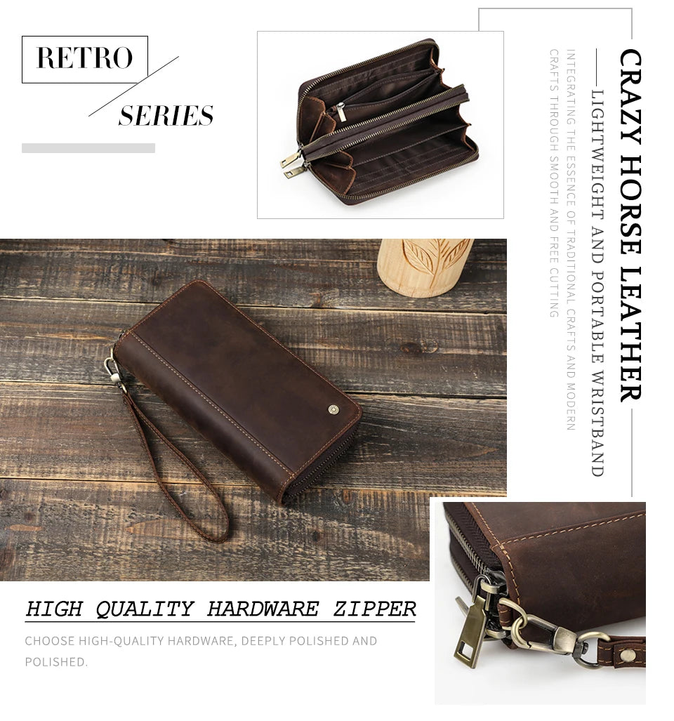 Genuine Leather Men's Long Wallet Clutch with Double Zipper & Card Slots