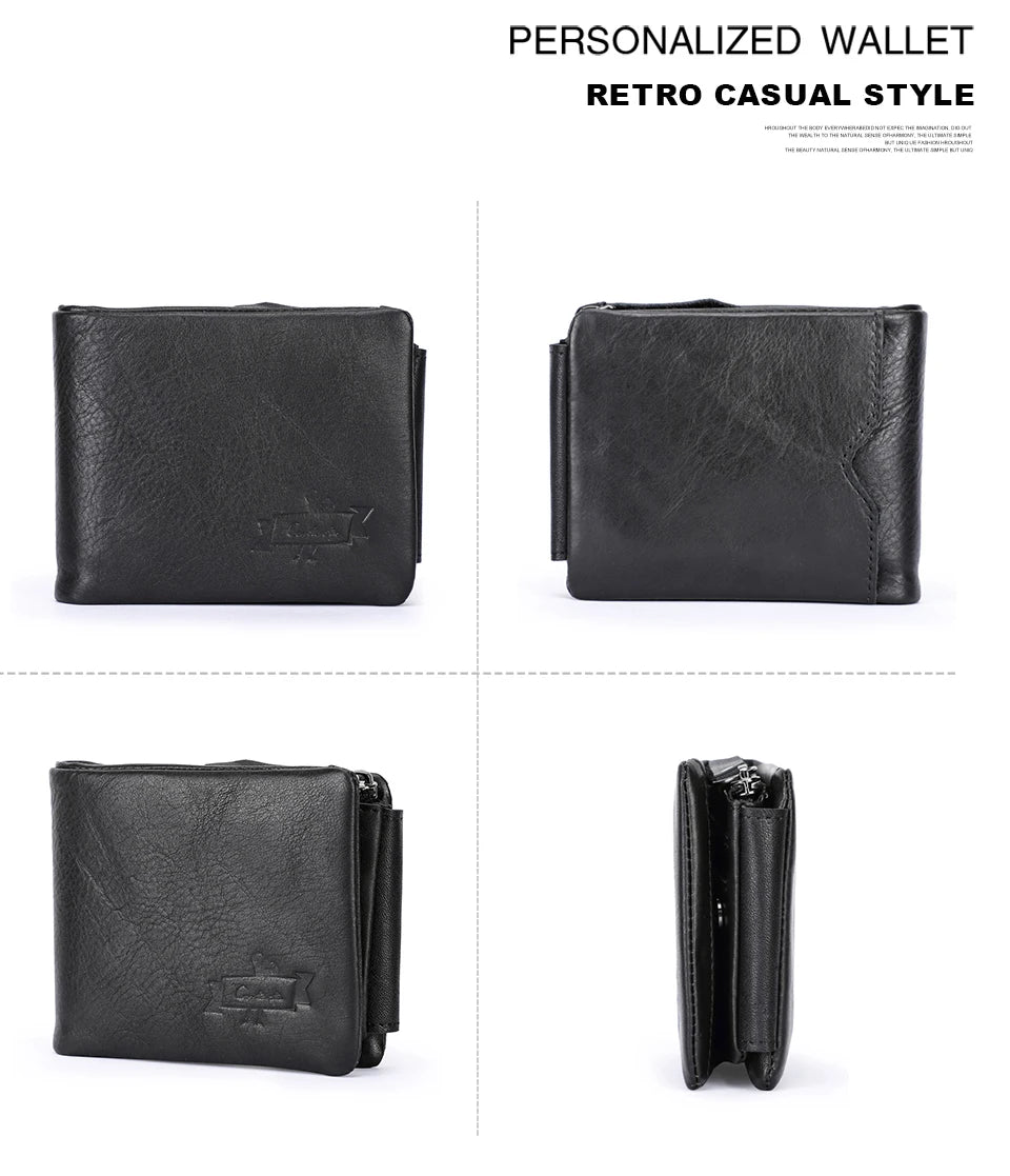 Men’s Genuine Leather Trifold Wallet with Zipper Coin Pocket & Card Holder