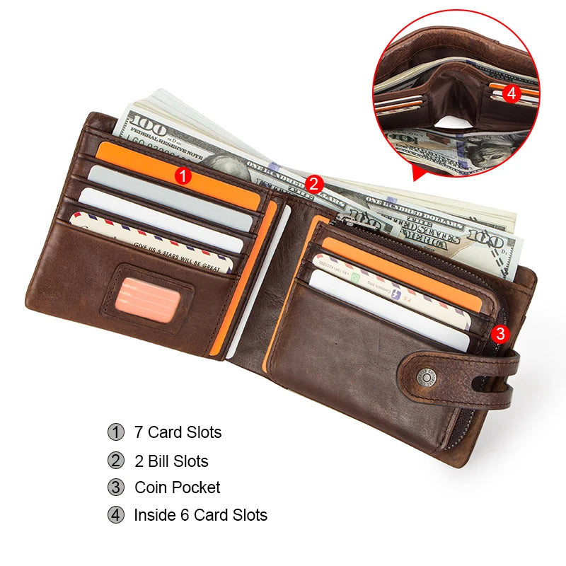 Genuine Leather Men Wallet RFID Blocking Short Coin Purse with Card Slots
