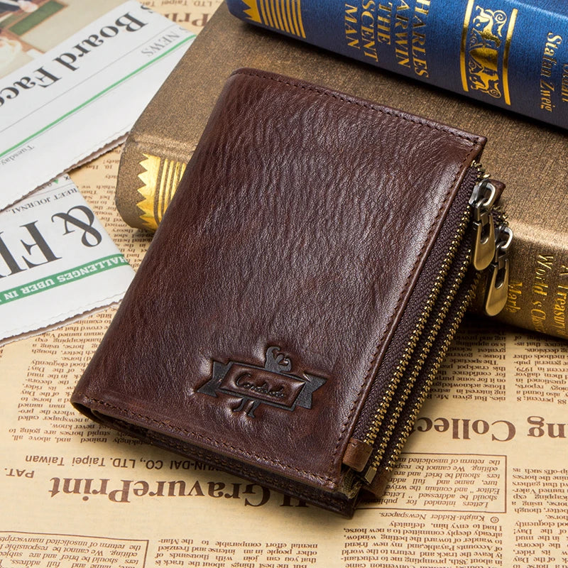 Men's Genuine Leather Wallet - RFID Blocking, Zipper Coin Purse, Large Capacity