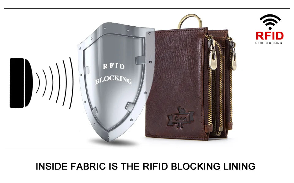 Men's Genuine Leather Wallet - RFID Blocking, Zipper Coin Purse, Large Capacity