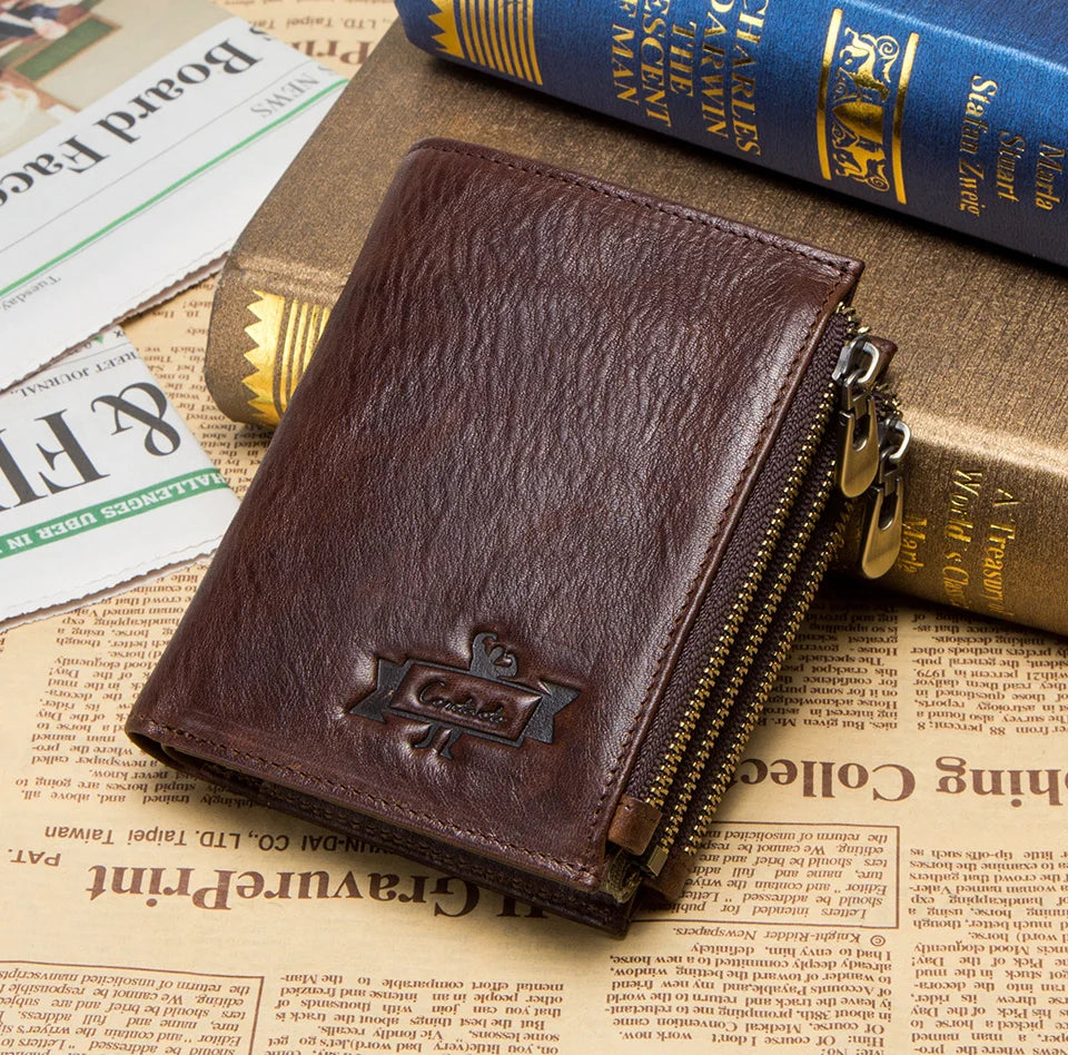 Men's Genuine Leather Wallet - RFID Blocking, Zipper Coin Purse, Large Capacity