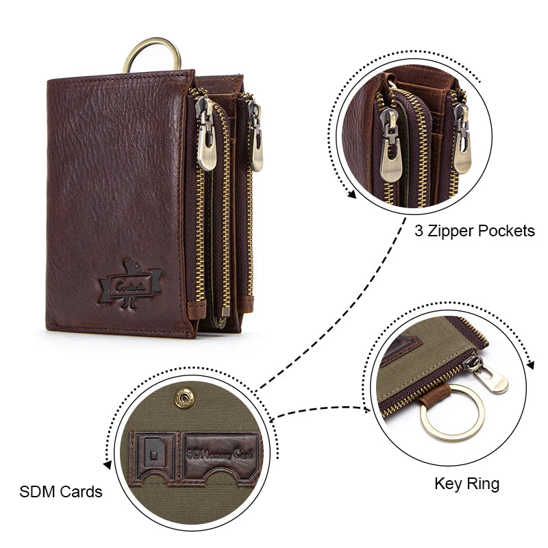Men's Genuine Leather Wallet - RFID Blocking, Zipper Coin Purse, Large Capacity