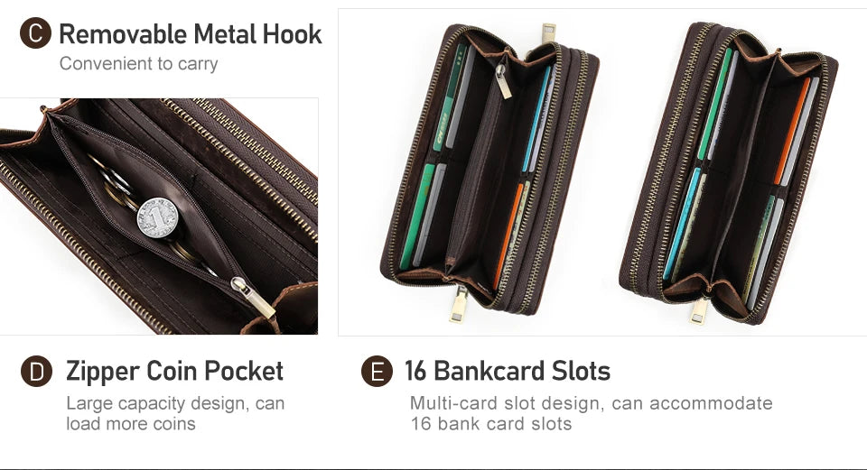 Genuine Leather Men's Long Wallet Clutch with Double Zipper & Card Slots