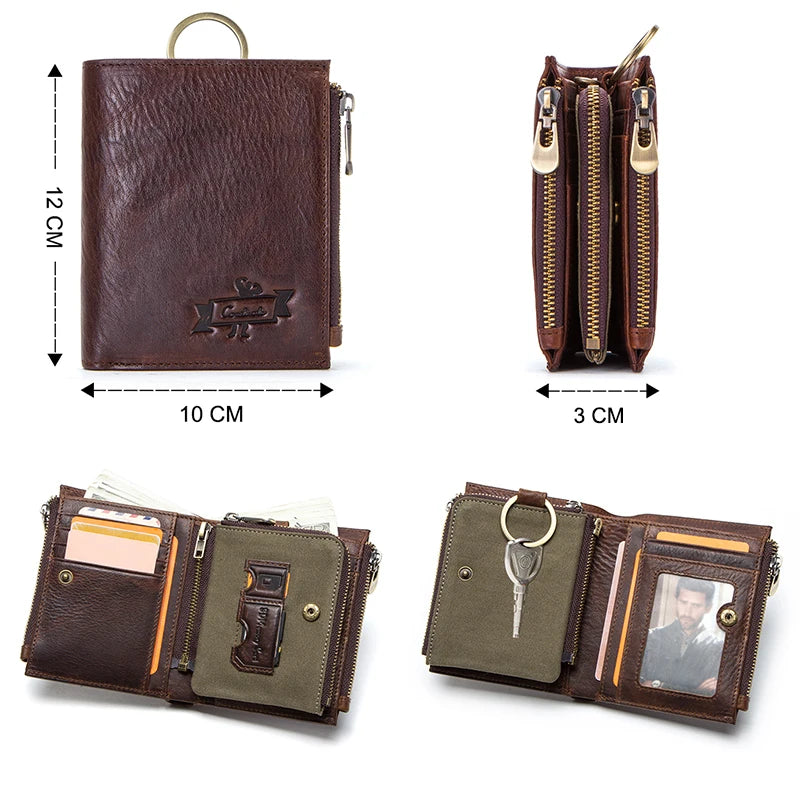 Men's Genuine Leather Wallet - RFID Blocking, Zipper Coin Purse, Large Capacity