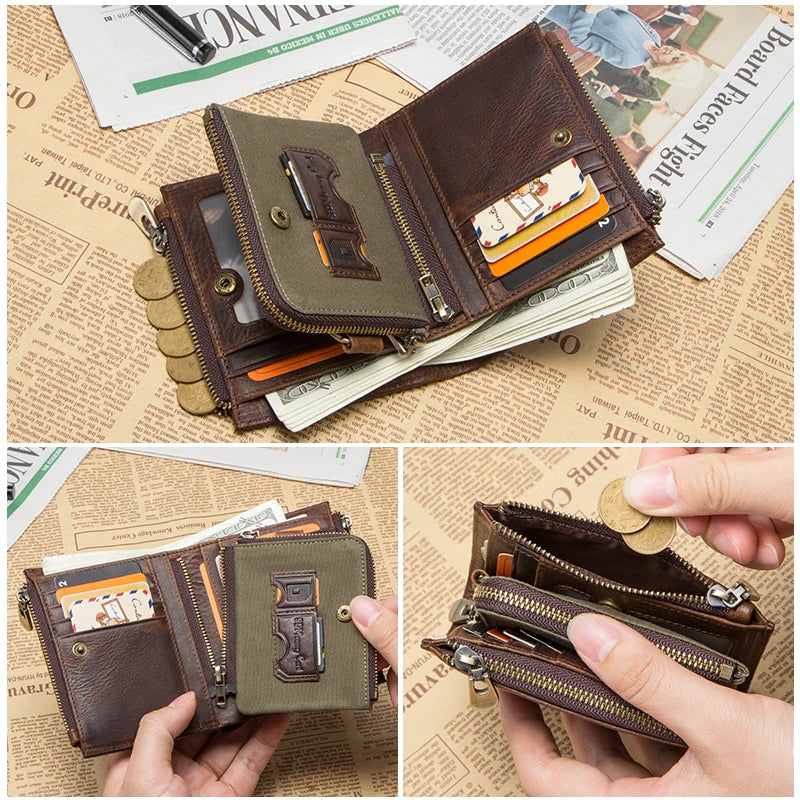 Men's Genuine Leather Wallet - RFID Blocking, Zipper Coin Purse, Large Capacity