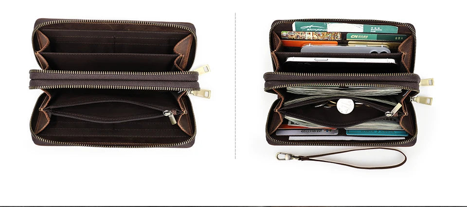 Genuine Leather Men's Long Wallet Clutch with Double Zipper & Card Slots