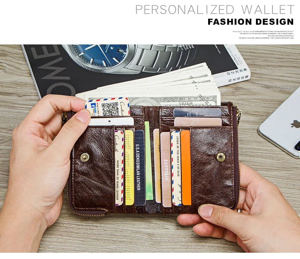 Men's Genuine Leather RFID Wallet - Short Zipper Coin Purse & Card Holder