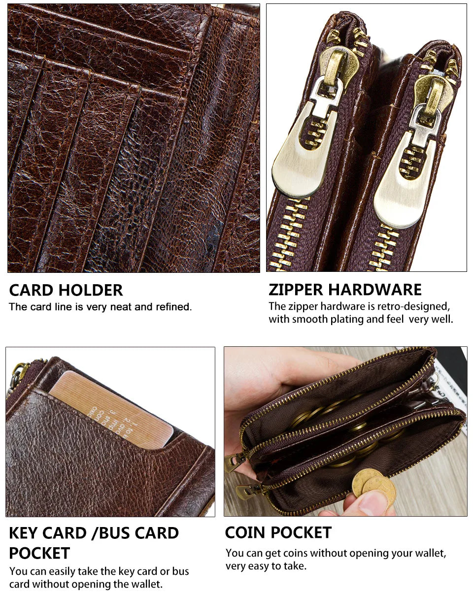 Men's Genuine Leather RFID Wallet - Short Zipper Coin Purse & Card Holder