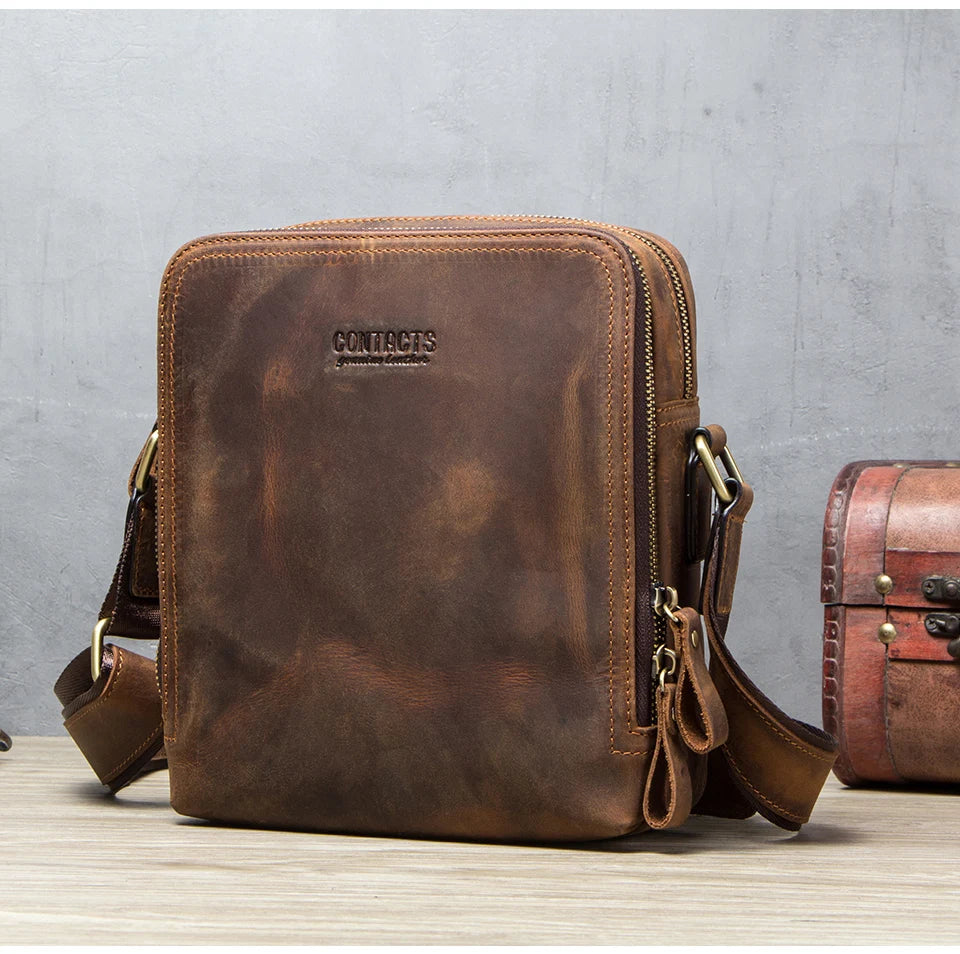 Men's Genuine Leather Messenger Bag Vintage Crossbody Shoulder Bag for iPad Mini