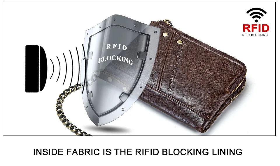 Men's Genuine Leather RFID Wallet - Short Zipper Coin Purse & Card Holder
