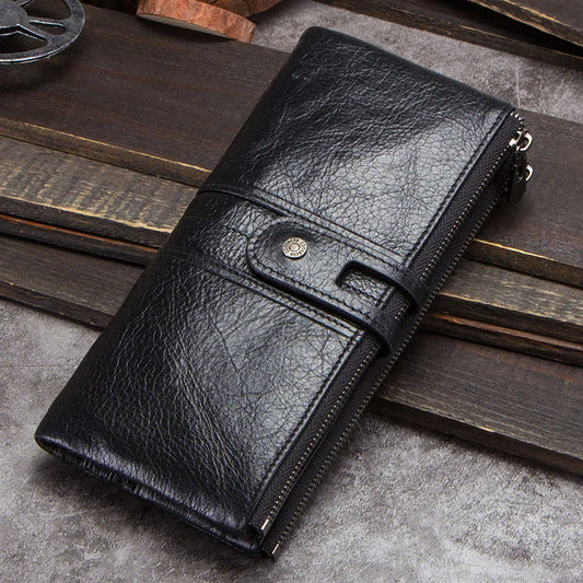 Men’s Genuine Leather Clutch Wallet Long Zipper Coin Purse & Card Holder