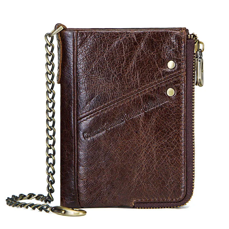 Men's Genuine Leather RFID Wallet - Short Zipper Coin Purse & Card Holder
