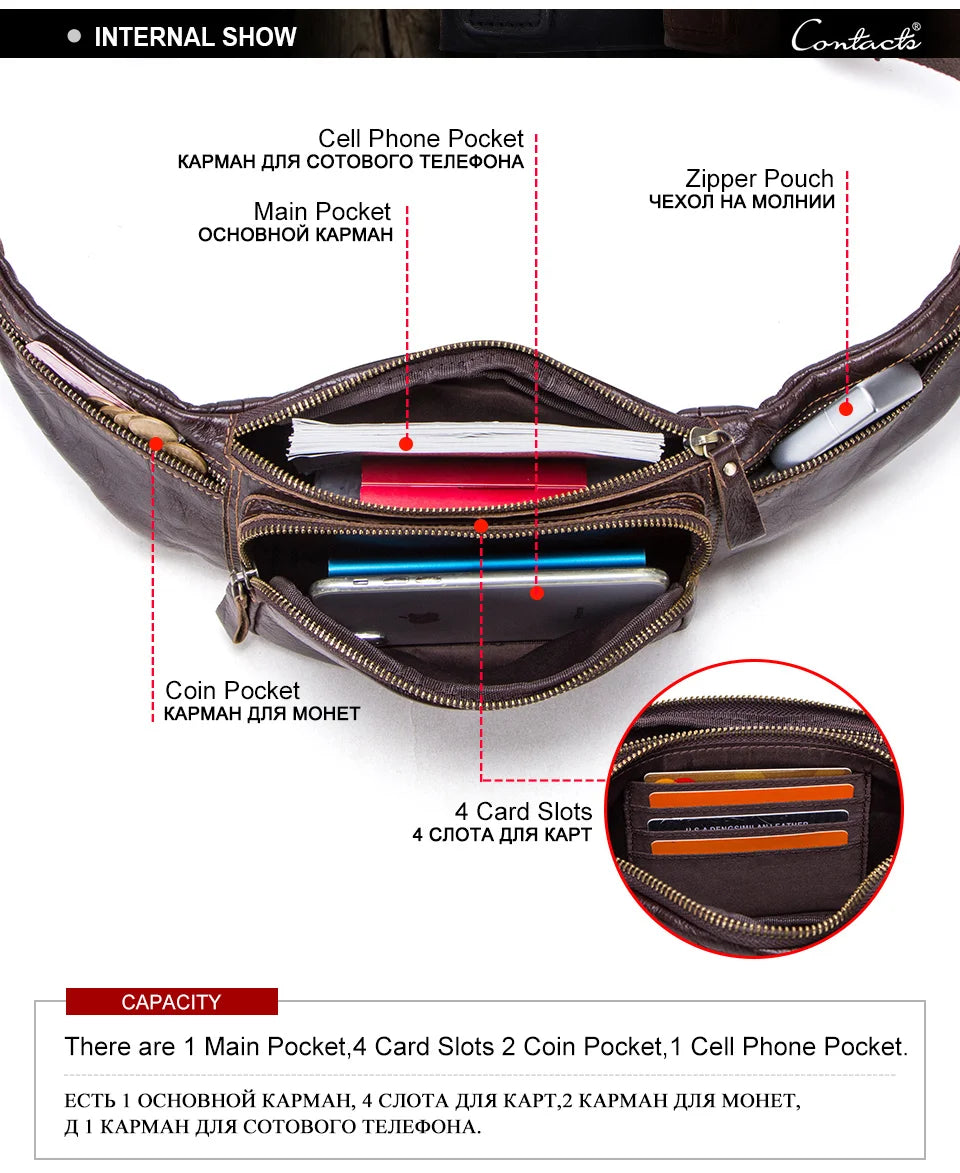 Men's 100% Genuine Leather Waist Bag Fanny Pack for Travel and Daily Essentials
