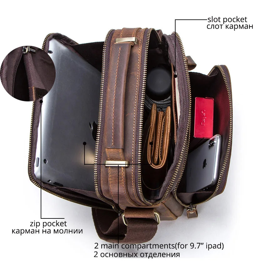 Genuine Leather Men Shoulder Bag Vintage Messenger Crossbody Sling Handbag