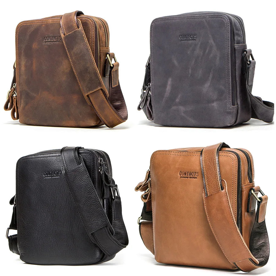 Men's Genuine Leather Messenger Bag Vintage Crossbody Shoulder Bag for iPad Mini