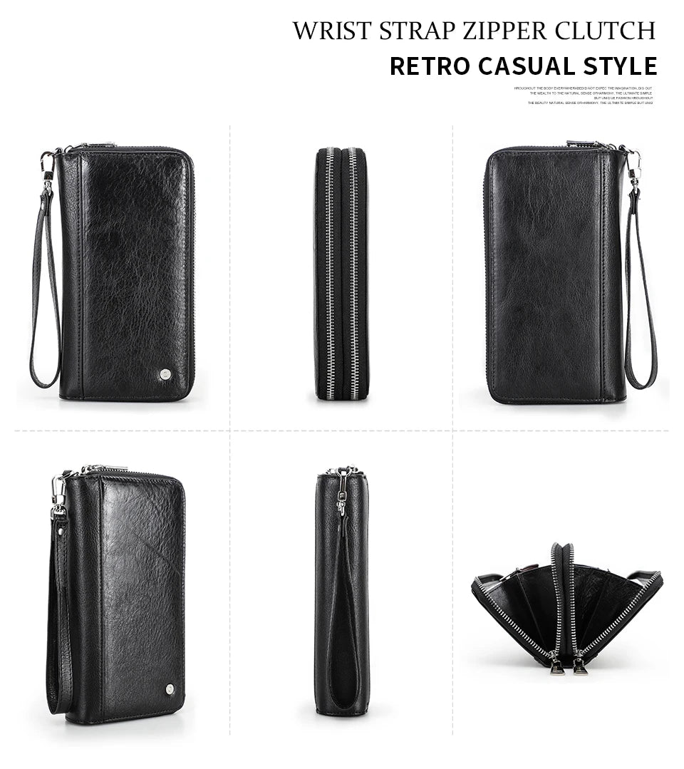 Genuine Leather Men's Long Wallet Clutch with Double Zipper & Card Slots
