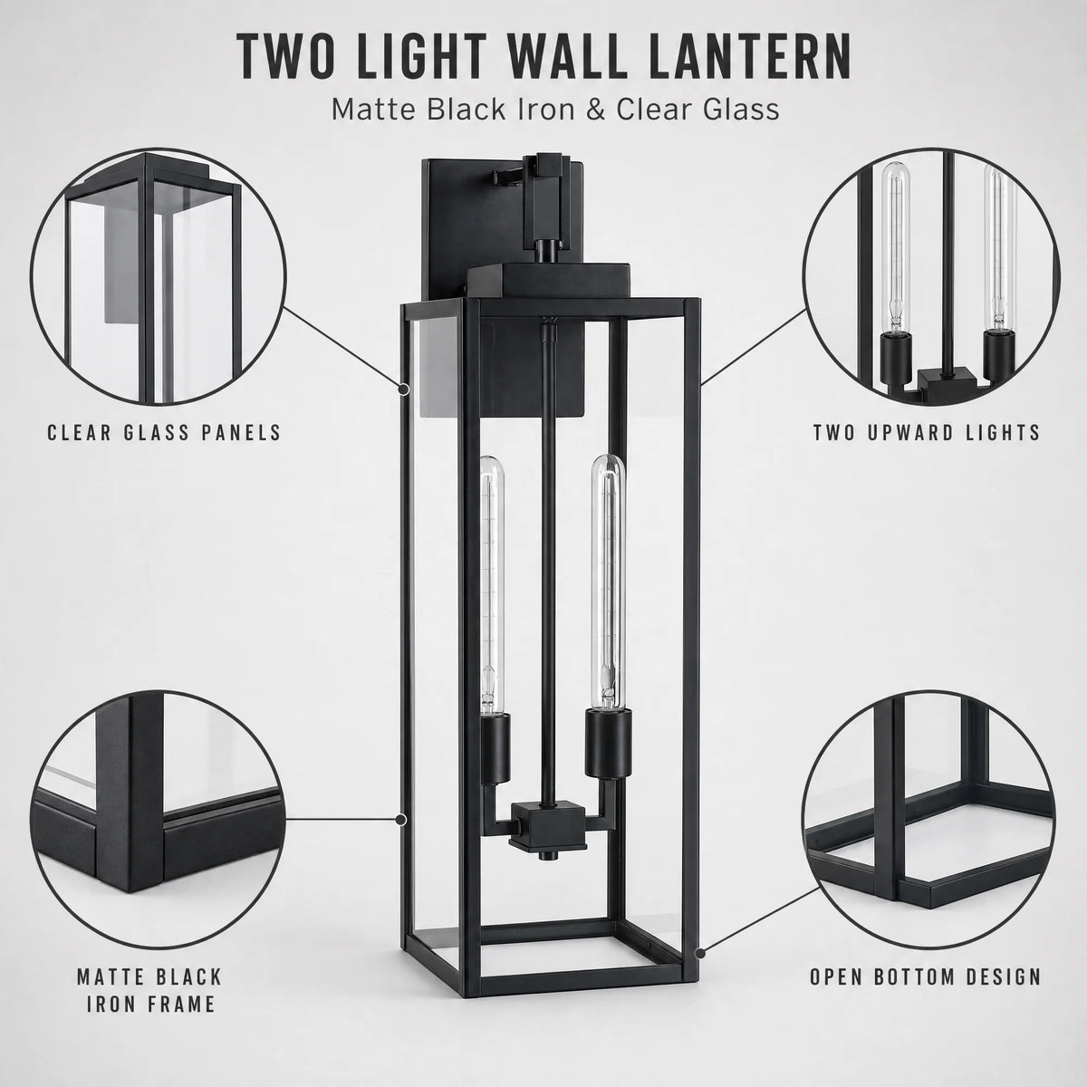 Large Black Outdoor Wall Lantern with Clear Glass – 2-Light
