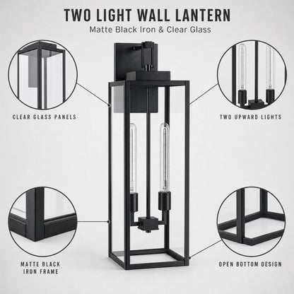 Large Black Outdoor Wall Lantern with Clear Glass – 2-Light