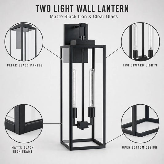 Large Black Outdoor Wall Lantern with Clear Glass – 2-Light
