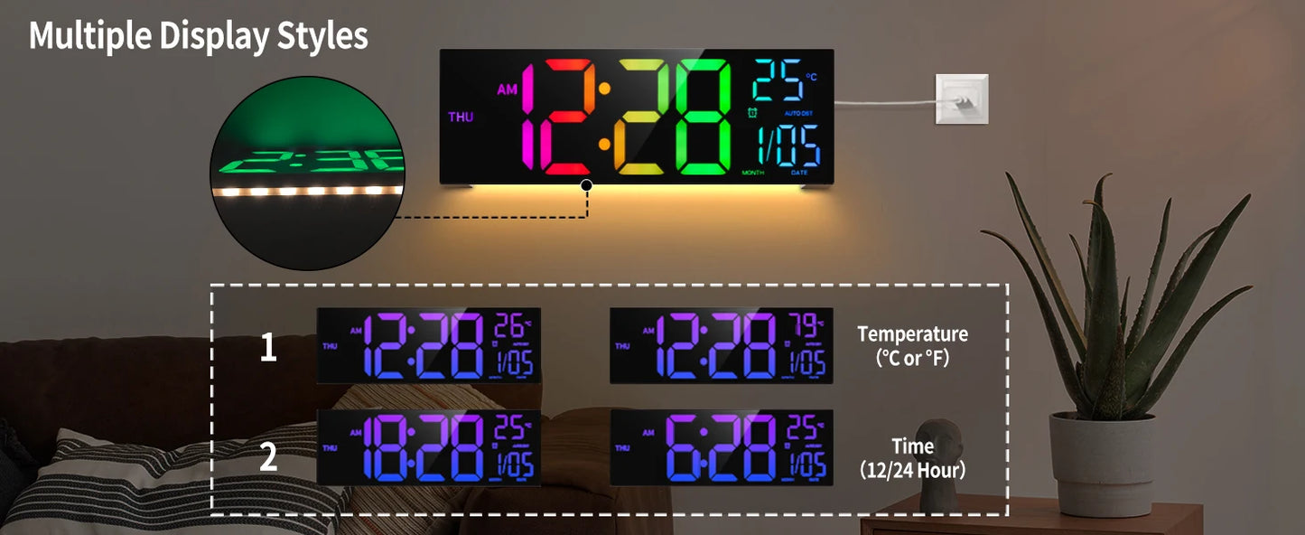 16" Large Digital Wall Clock RGB LED Remote Alarm Temp Date DST Kitchen Living