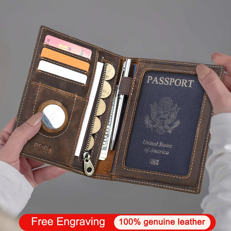Genuine Leather Passport Wallet AirTag Slot Travel Card Holder for Men Women