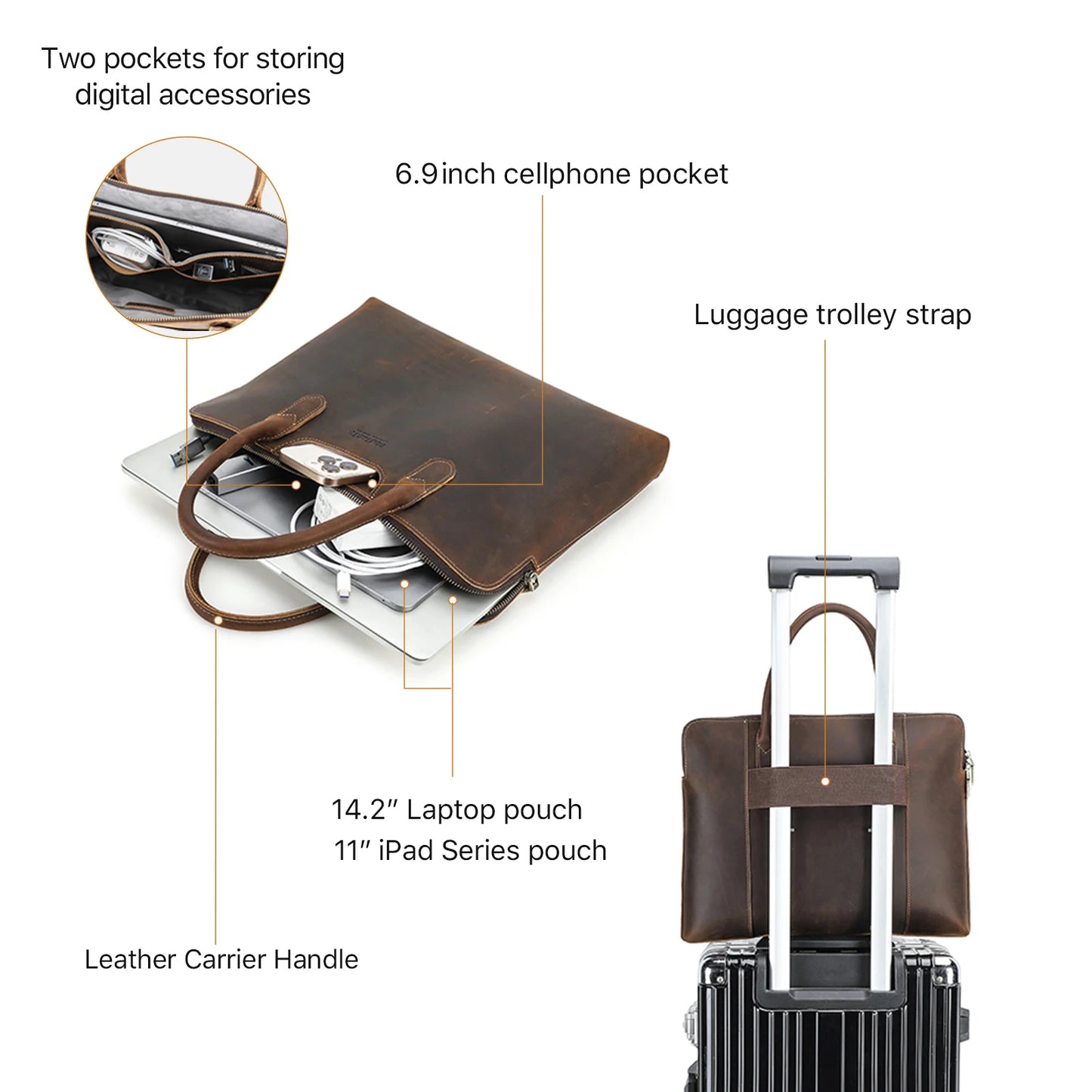 Genuine Leather Business Briefcase for Men – 14" Laptop Tote Bag