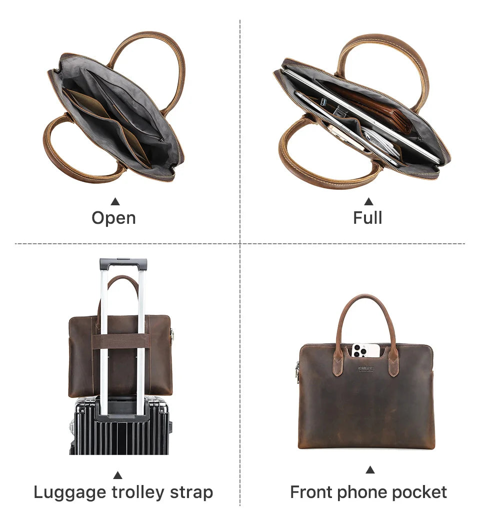Genuine Leather Business Briefcase for Men – 14" Laptop Tote Bag