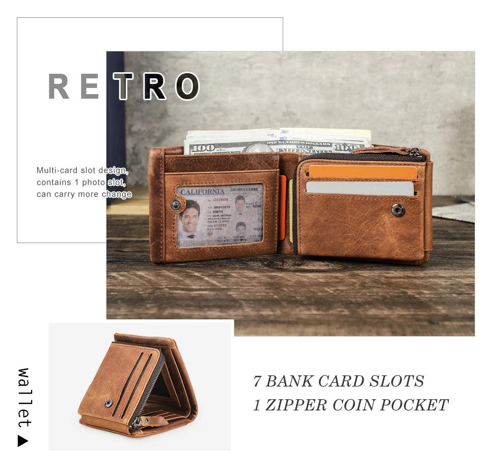 Men’s Genuine Leather Trifold Wallet with Zipper Coin Pocket & Card Holder