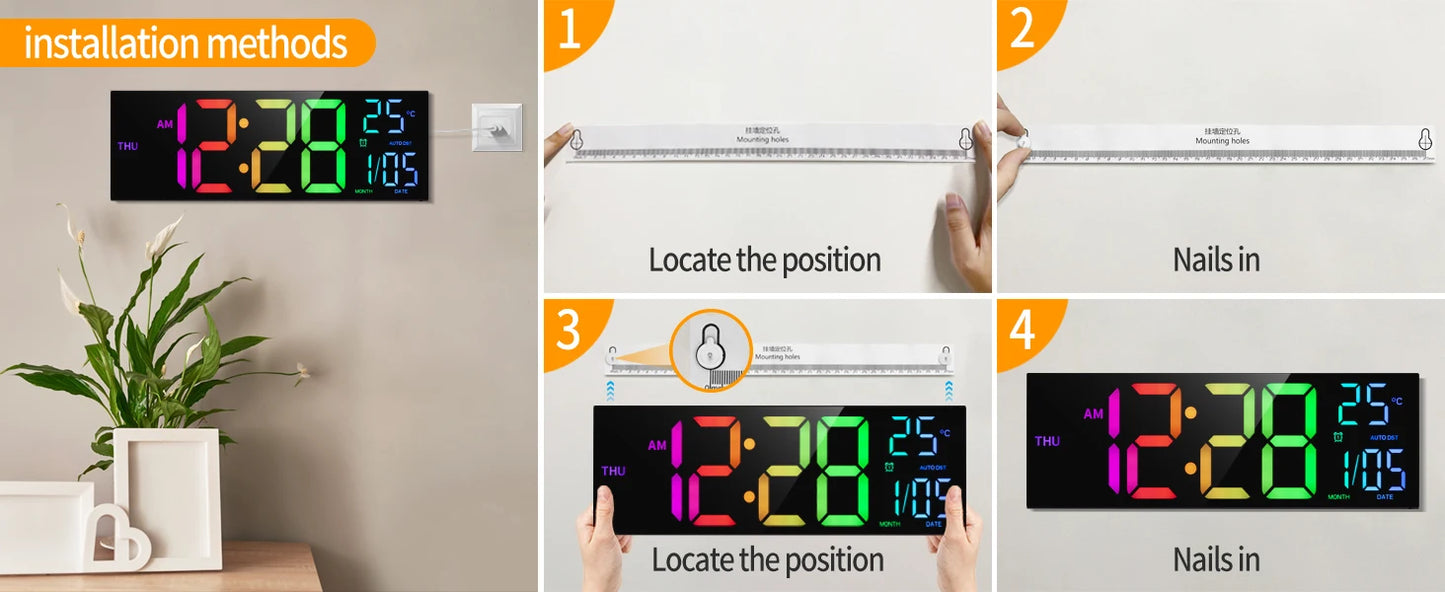 16" Large Digital Wall Clock RGB LED Remote Alarm Temp Date DST Kitchen Living