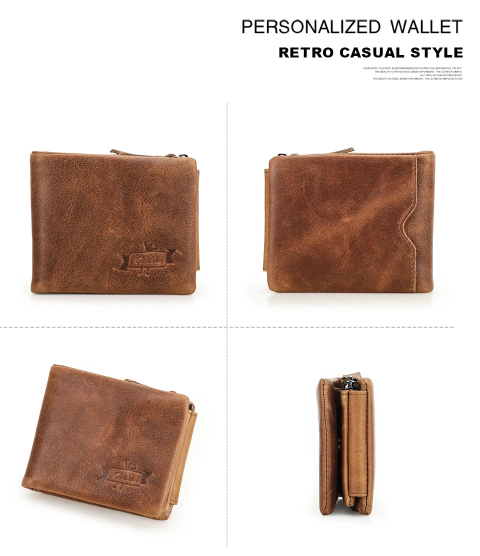 Men’s Genuine Leather Trifold Wallet with Zipper Coin Pocket & Card Holder