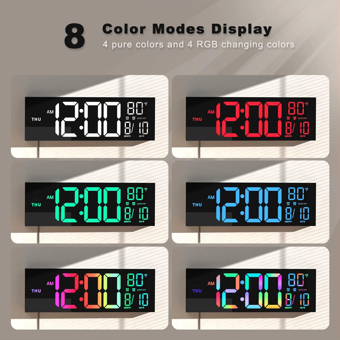 16" Large Digital Wall Clock RGB LED Remote Alarm Temp Date DST Kitchen Living