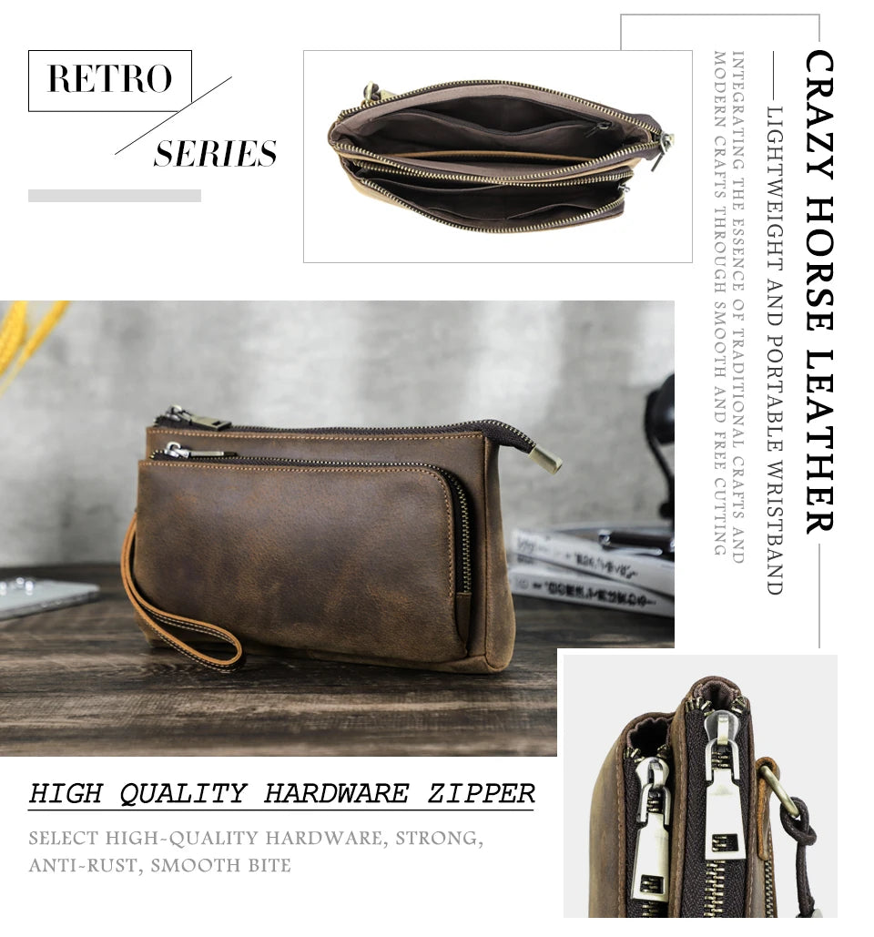 Genuine Leather Men Clutch Bag Long Wallet Travel Handbag Storage Organizer