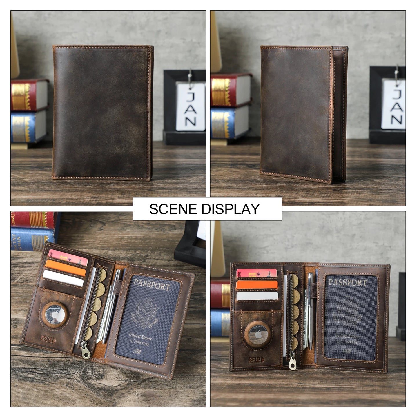 Genuine Leather Passport Wallet AirTag Slot Travel Card Holder for Men Women